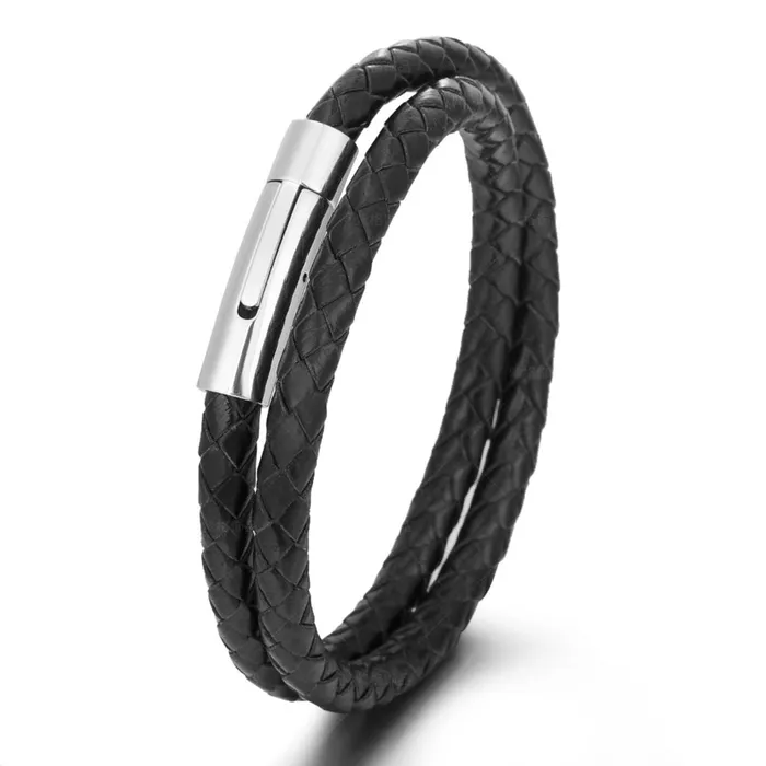 Black Braided Leather Bracelet Glitters Bracelets